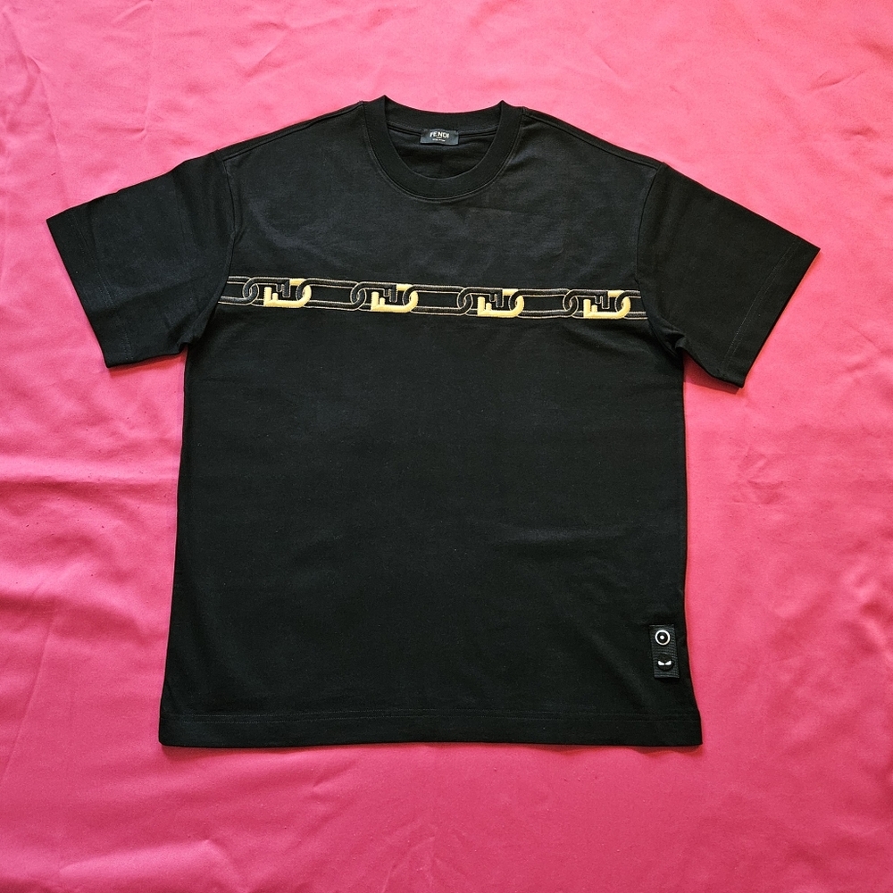 New Men's Fendi Black Cotton Designer Short Sleeve Tee Shirt Size M